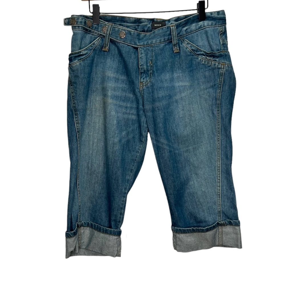 Mexx Denim Capris 100% Cotton Rolled Cuffs Attached Button Belt Size 10
